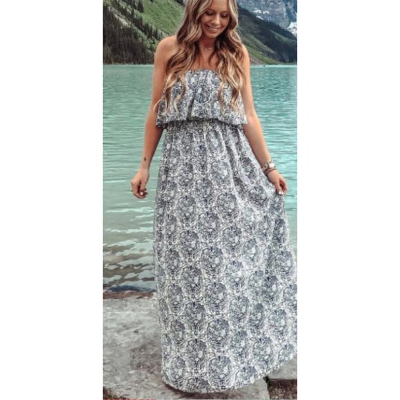 Boho Damask Tile Printed Ruffle Strapless Flowy Long Summer Maxi Dress - Picture 2 of 7
